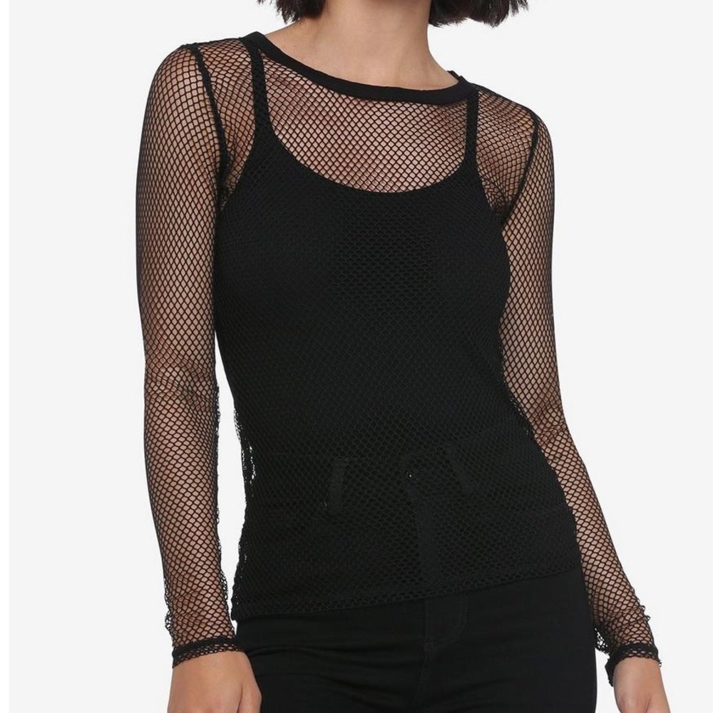 Black Fishnet Mesh Long-Sleeve Top